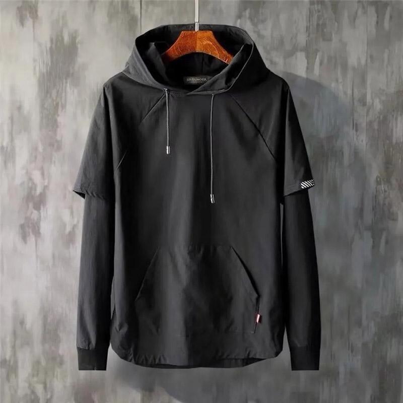 Sweater Men's Loose Hooded Fake Two-piece Autumn Boutique Long-sleeved Large Size Black Pullover Clothes