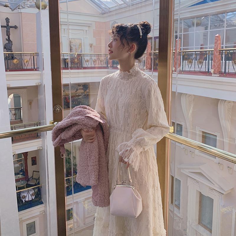 Plus size slim dress spring and autumn French retro waist lace long-sleeved dress women