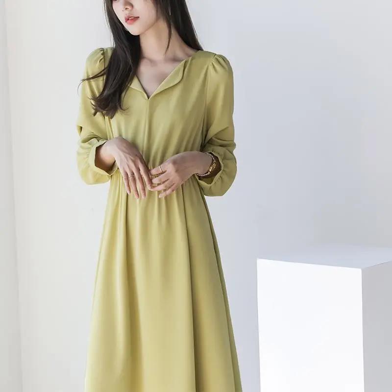 Small Lapel Chiffon Dress Female 2021 Spring and Autumn Waist Loose and Thin Solid Color Small Fresh Mid-length Dress