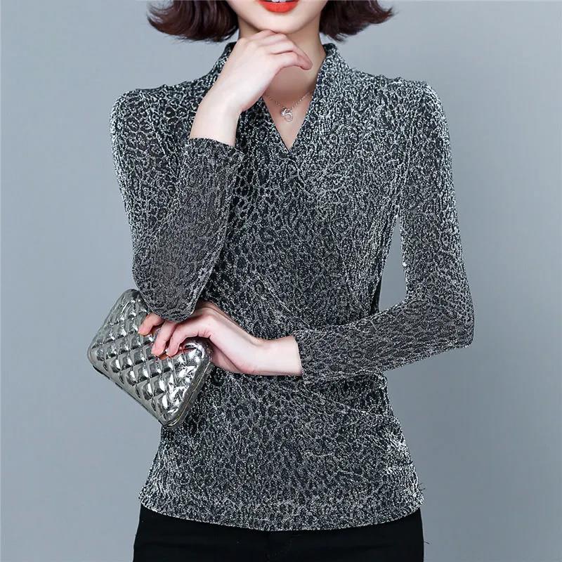 Women's Spring and Autumn T-shirt Plus Size Slim V-neck Long-sleeved Top