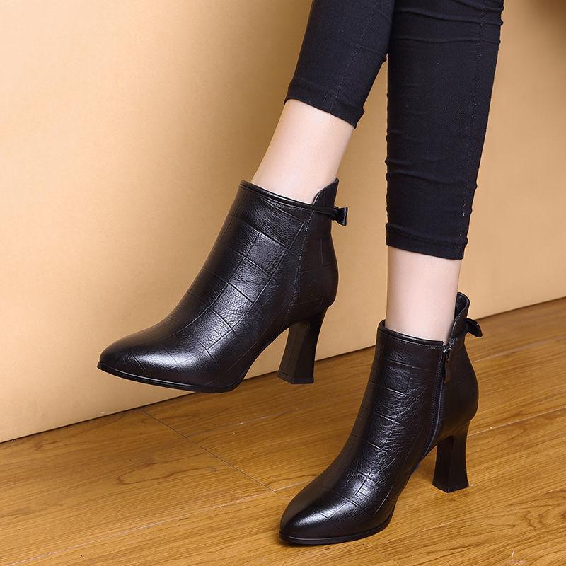 High Heel Boots Women 2021 Autumn and Winter New British Style Thick Heel Short Boots Soft Leather Ladies Shoes Plus Velvet Martin Boots