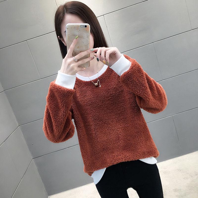 Pofulove Women's Winter Crew neck sweater long sleeve female  loose thick velvet Pullovers warm