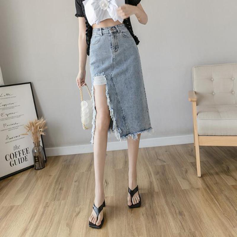 High-waist Denim Skirt Female Spring  Summer Looks Thin Split Split Hole Mid-length Hip Skirt  A-line Skirt