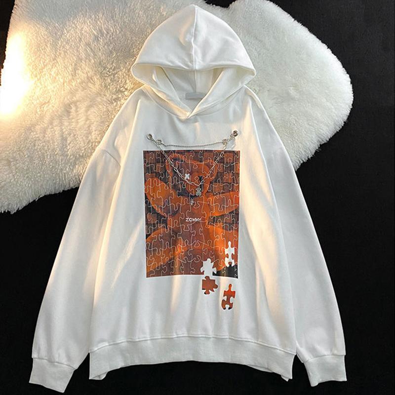 Streetwear Hip Hop Hoodies Women Chain Printed Fashion Pullover Sweatshirts Plus Size Loose Casual Hooded Tops Oversized Streetwear Harajuku Hoodies