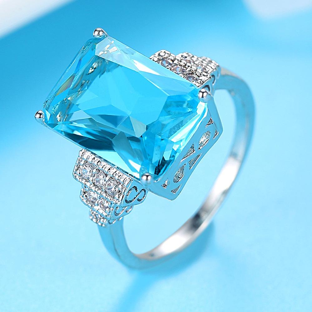 Amazon Fashion Creative Engagement Ring Aquamarine Topaz Ring Manufacturer Wholesale Four-Claw Aquamarine Zircon Ring
