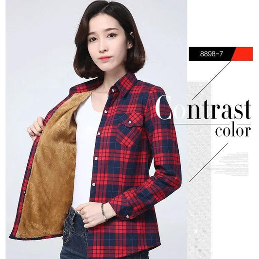 Winter Warm Women Velvet Thicker Jacket Plaid Shirt Style Coat Casual Outerwear
