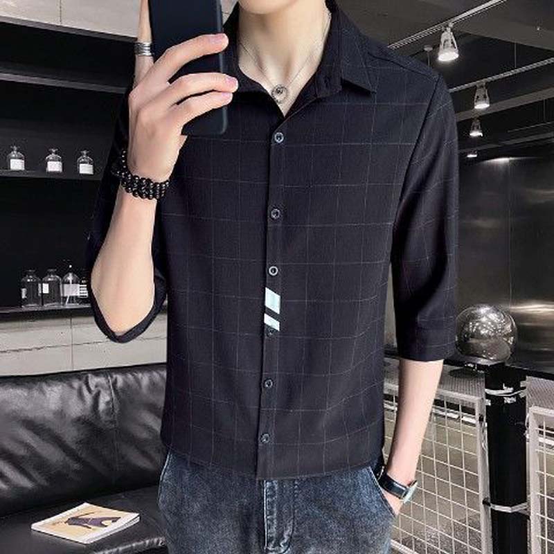 Summer New High-quality Plaid Shirt Men's Three-quarter Sleeve Trendy Shirt
