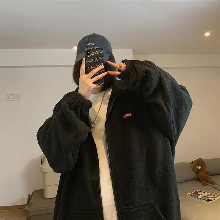 Women's Autumn and Winter Cardigan Sweater Ins Loose Korean BF Lazy Style Plus Velvet Thick Stand Collar Coat Unisex Warm Zipper Jacket