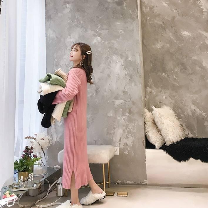 Pullover women's long paragraph over the knees loose 2019 autumn and winter new bottoming knit dress