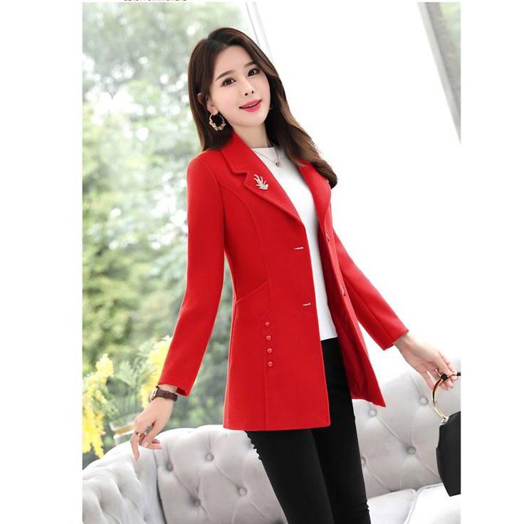Autumn Winter Elegant Brooch Women Coats Warm Woolen Long Sleeve Slim Outwear Lapel Cardigan Jacket