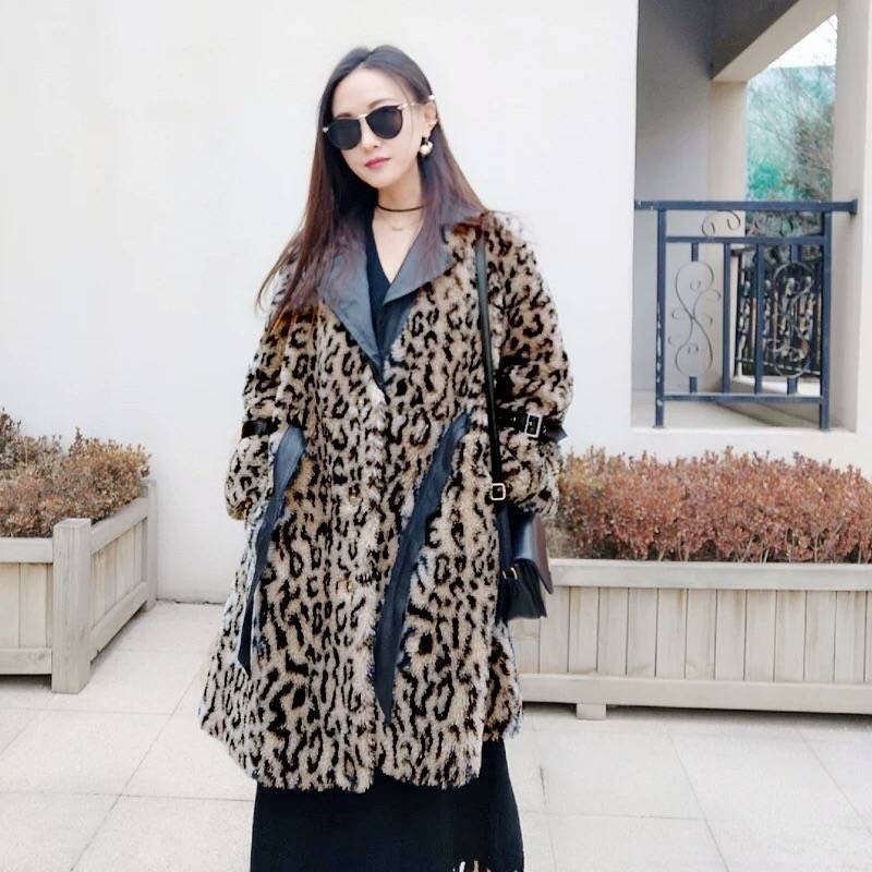 Winter Fashion Warmth Thick Leopard Grain Granular Fleece Faux Mink Fur Coat Women's Mid-length Slim Waist Coat Outwear