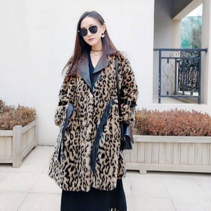 Winter Fashion Warmth Thick Leopard Grain Granular Fleece Faux Mink Fur Coat Women's Mid-length Slim Waist Coat Outwear