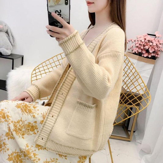 Autumn and Winter Casual Knitted Sweater College Style Cardigan Loose Top Fashionable Simple Female Jacket