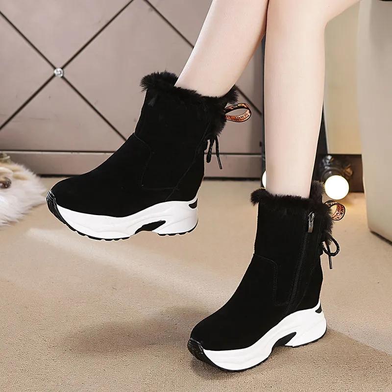 Inner Heightening Snow Boots Women Winter Cold-resistant Plus Cashmere Casual Short Boots Warm Thick-soled Cotton Shoes