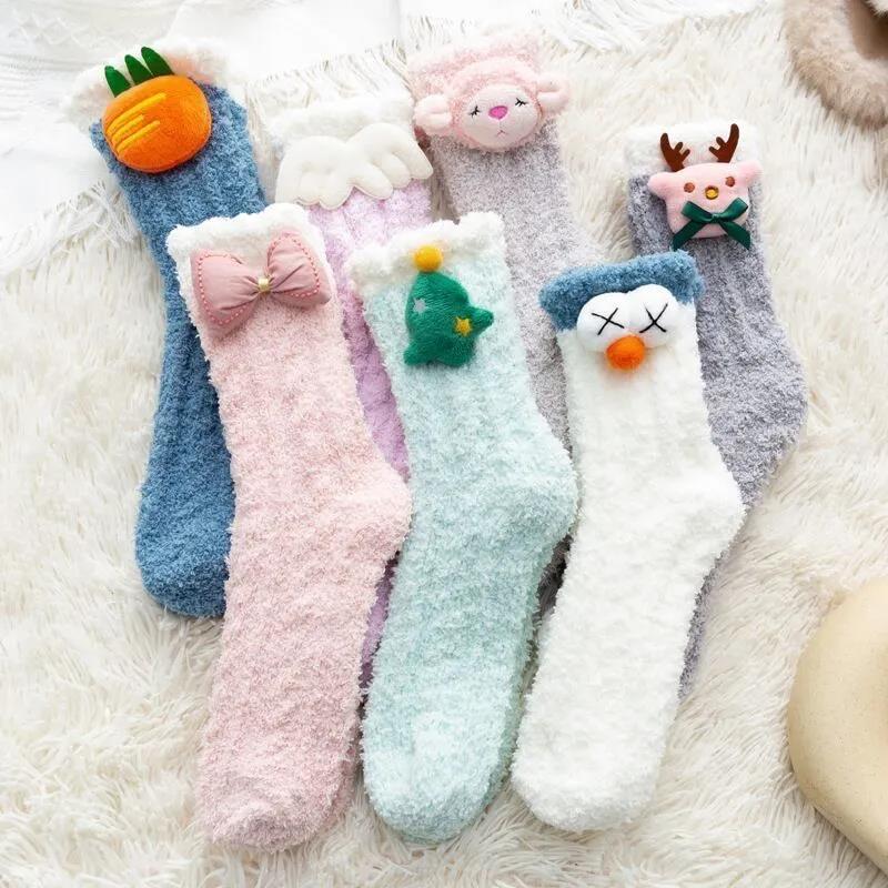 Three pairs of mink velvet socks autumn and winter plus velvet thick warm floor socks women's coral velvet home sleep socks
