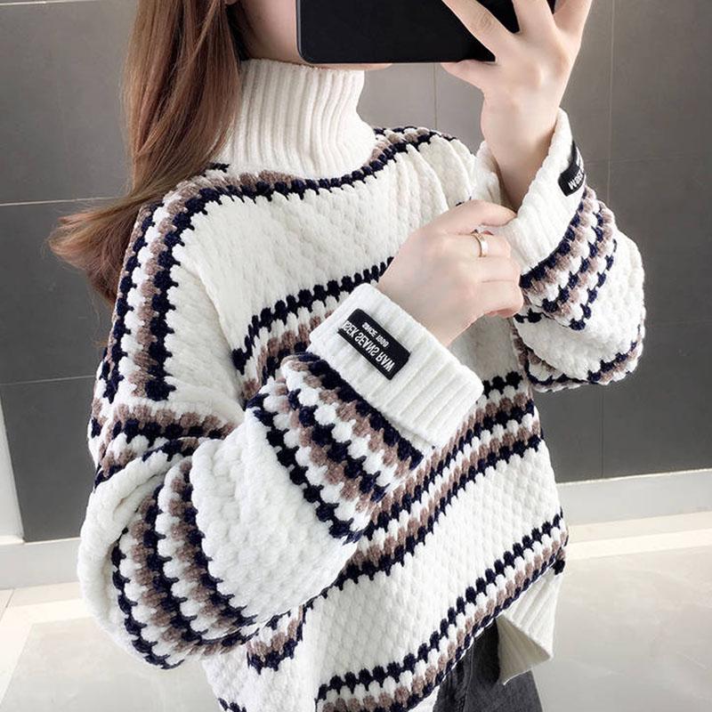 Pofulove Women stripe Turtleneck sweater pullover winter pleuche sweater Knit Long Sleeve jumper