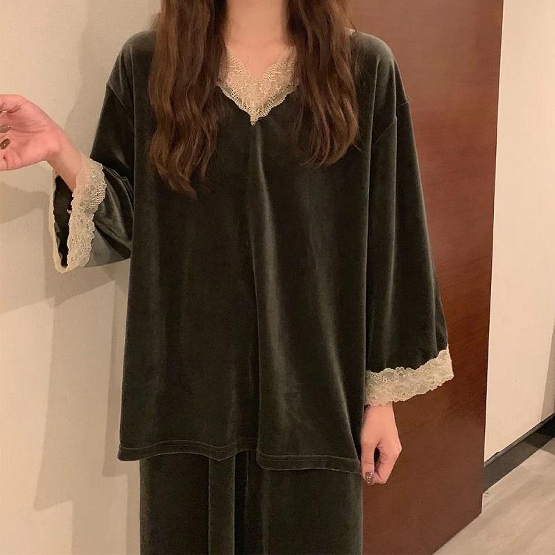 Women's Spring Autumn Lace Long-sleeved Pajamas Suit Winter Velvet Sexy Pyjamas Loose Comfortable Skin-friendly Homewear Breathable Sleeping Suit
