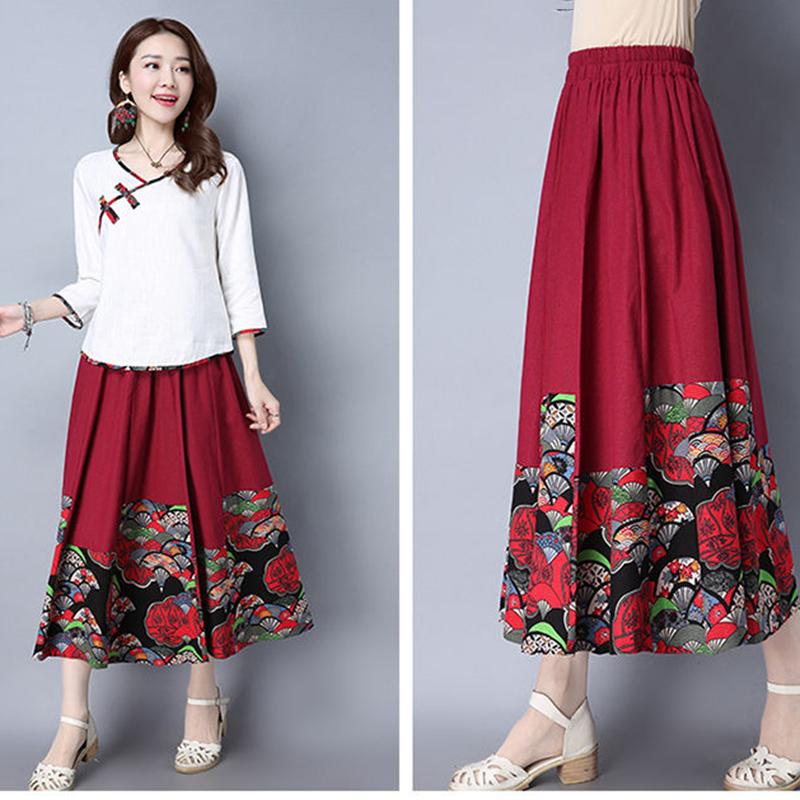 Four Seasons Skirt Stitching Ethnic Style Women's Skirts Cotton and Linen Large Swing Mid-length Skirt Retro Was Thin