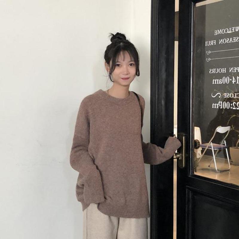Large Size Sweater Women Korean Version Loose Solid Color Round Neck Pullover Long Sleeve Sweater Top Ins