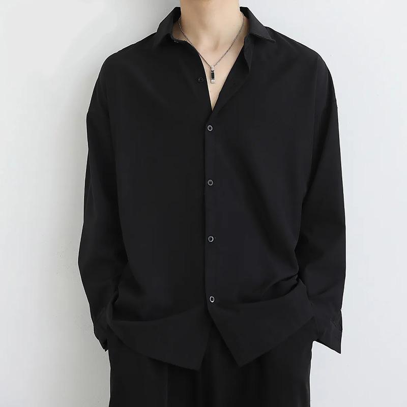 Shirt Men's Handsome White and Black Trend Ice Silk Hong Kong Wind Drape Long-sleeved Jacket Loose Ice Silk Top Coat