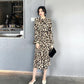 Women's Summer Leopard Print Mid-length Dress Lapel Long-sleeved Lace-up Ruffled Bohemian Beach Long Shirt