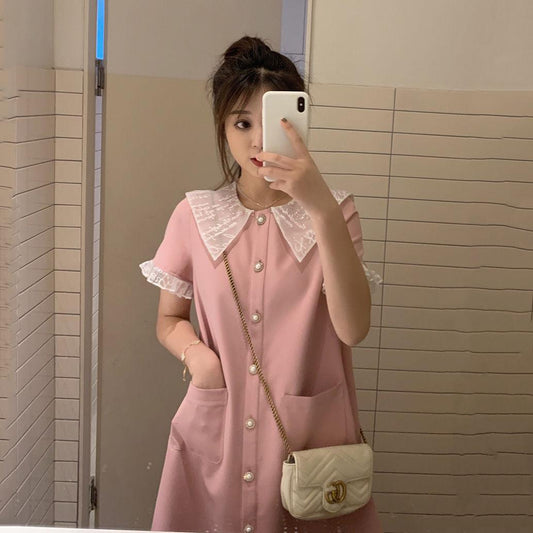 Female Simple Elegant Thin Lace T-shirt Dress Super Fairy Slim Graceful Party Doll Collar Dress Summer