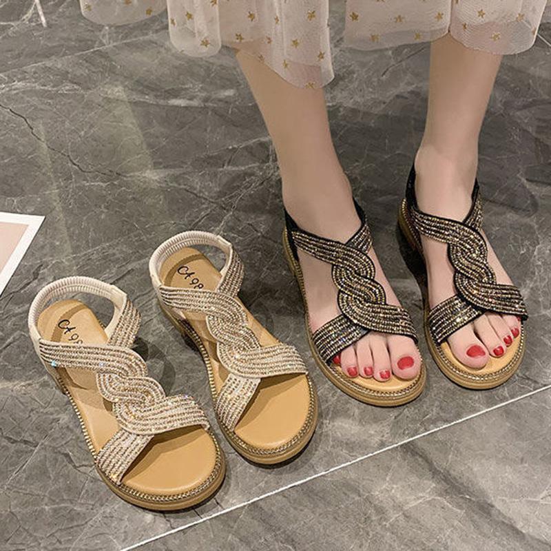 Wedge Sandals Women's Shoes Summer Soft Leather Rhinestones Comfortable Soft Bottom Low-heeled All-match Women's Flat Shoes