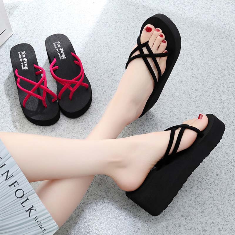 High-heeled Platform Slippers Female Summer Beach Non-slip Flip Flops Ladies Student Fashion Korean Style Outdoor Sandals and Slippers