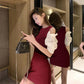 Retro Hepburn Style Waist Slimming Dress Feminine Sense Package Hip Round Neck Strapless Puff Sleeve Dress Slim Sexy Dress