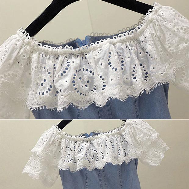 Spring and Summer  Women's Denim Dress Lace Sleeveless Sexy Short Sleeve Above The Knee Daily Wear Office Dating Party