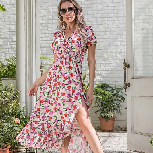 Printed Flowy Dress Summer Women's Sexy Holiday Big Skirt Slash Floral Long Dress