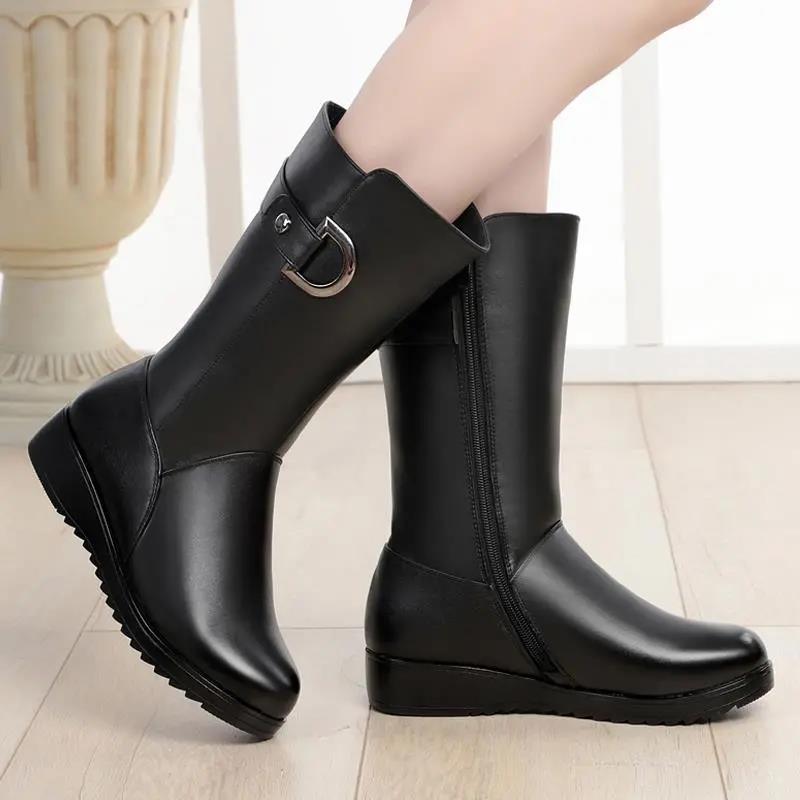 Mid-tube Boots Autumn Winter Women's Boots Plus Velvet Cotton Boots Flat-bottom Flat-heel Women's Shoes Mid-boots Middle-aged Leather Boots