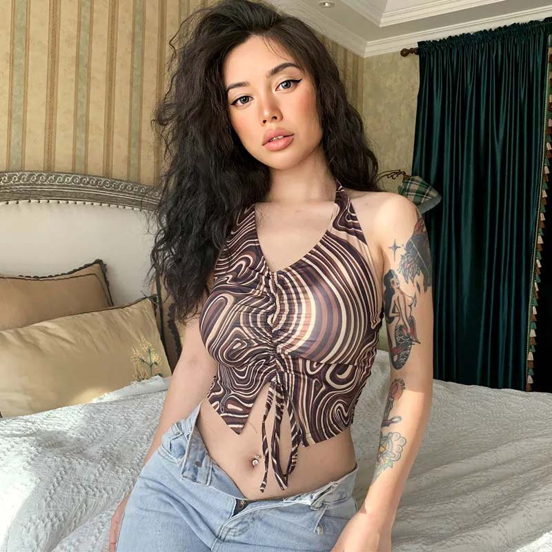 Printed Pleated  Lace-up Halter Neck Vest Women's Summer Sexy Beauty Back Crop Top Beaded Strap Camisole Sleeveless Beach Wear Cool Steetwear Top