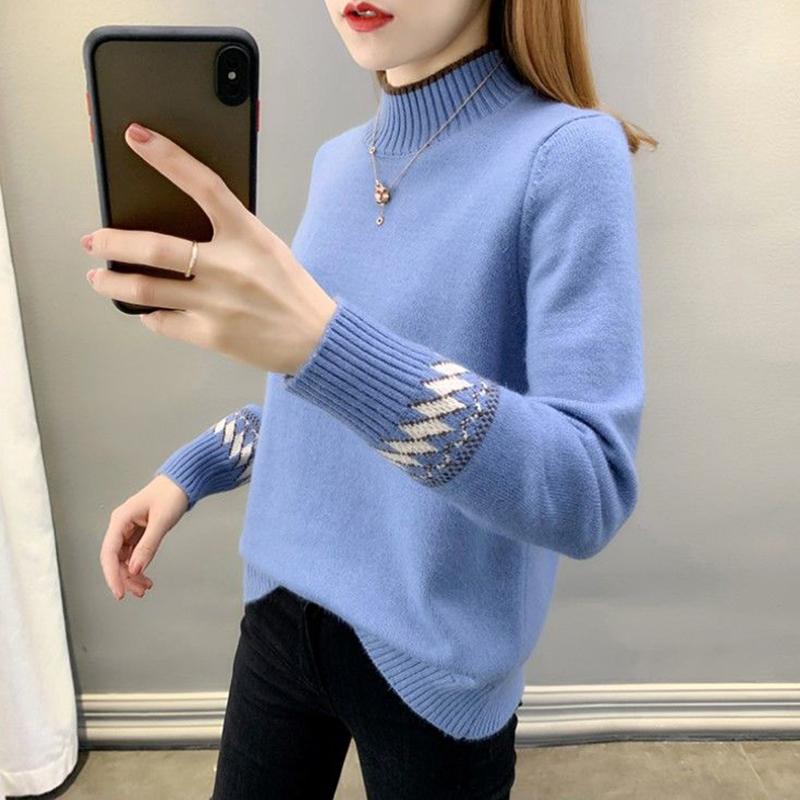 Autumn and Winter Plus Velvet Thick Sweater Half High Neck Loose Casual Bottoming Shirt Fashion Simple Female Sweater