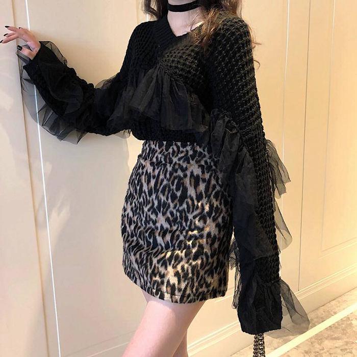 Women Black Sexy V-neck Lace Pullover Sweater Wild Thin Skinny Knitted Bottoming Shirt Coat