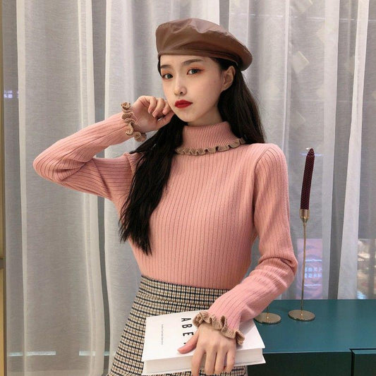 Pofulove Women's Autumn and Winter Wear Thick Warm Long-sleeved Sweaters Color-blocking Turtleneck