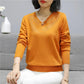 Women's Bow Knot Diamond V-Neck Sweater Solid Color Loose Pullover Long Sleeve Knit Sweater