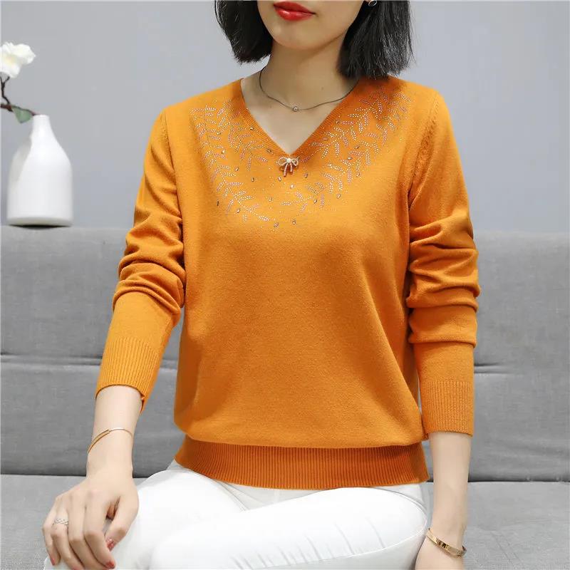 Women's Bow Knot Diamond V-Neck Sweater Solid Color Loose Pullover Long Sleeve Knit Sweater