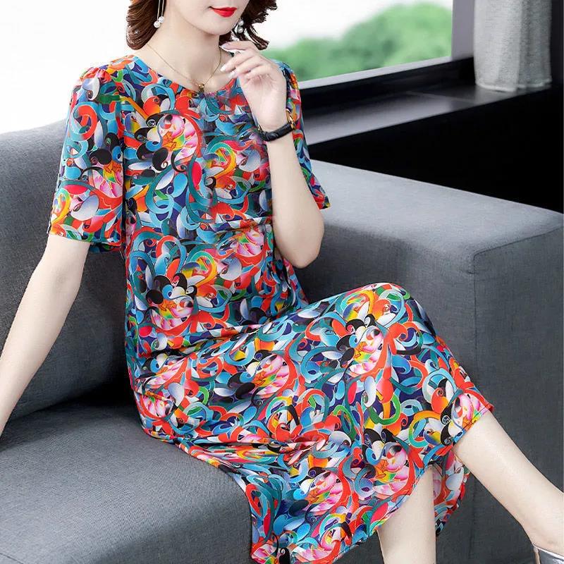 Women's Summer Short-sleeved Mid-length Skirt Floral Round Neck Large Size Loose Dress