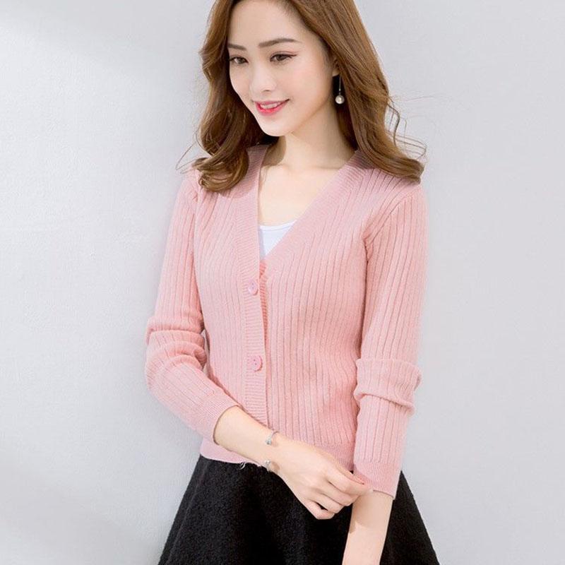 Spring and Autumn Knitted Cardigan Sweater Short Slim All-match Top Solid Color Long Sleeve Women's Jacket