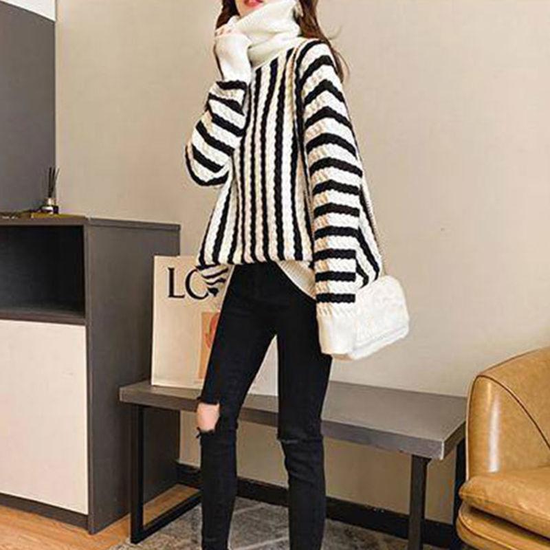 Thick High Neck Vertical Striped Sweater Women's Pullover Fall Winter Loose Casual Fashion Jacket Women