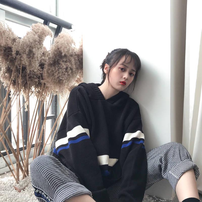 Pofulove Autumn Winter ins Hooded Sweater Schoolgirl Loose Harajuku bf Lazy Knit Pullover Top