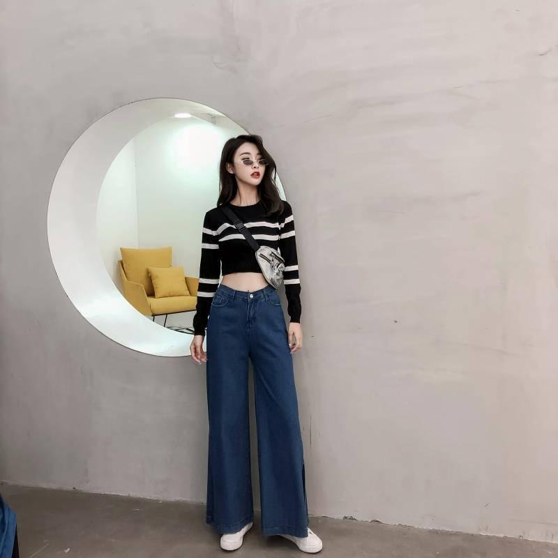 Pofulove Sexy Slim Waist Round Neck Pullover Short Striped Sweater Women Open Navel  Knitwear