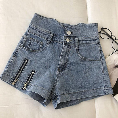 Large Size Loose Denim Shorts Female High Waist Summer Korean Version Was Thin Fashionable Double Zipper Wide Leg Pants