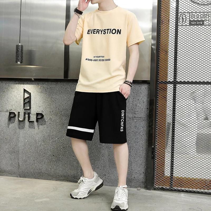 Summer Men's Casual Suit Trend Loose Two-piece Short-sleeved Five-point Pants Sports Suit T-shirt