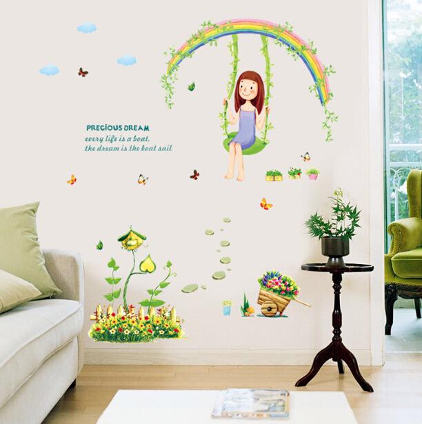romantic rainbow under the swing and girl green plants grass summer spriing wall sticker