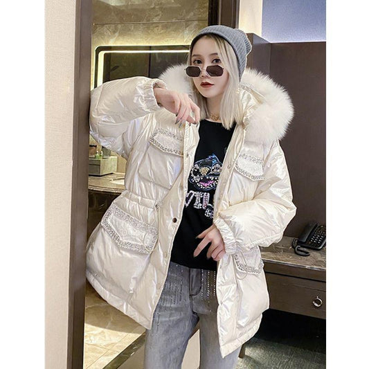 Glossy Laser Down Padded Jacket Women Winter Slim Coat with Large Fur Collar Waist