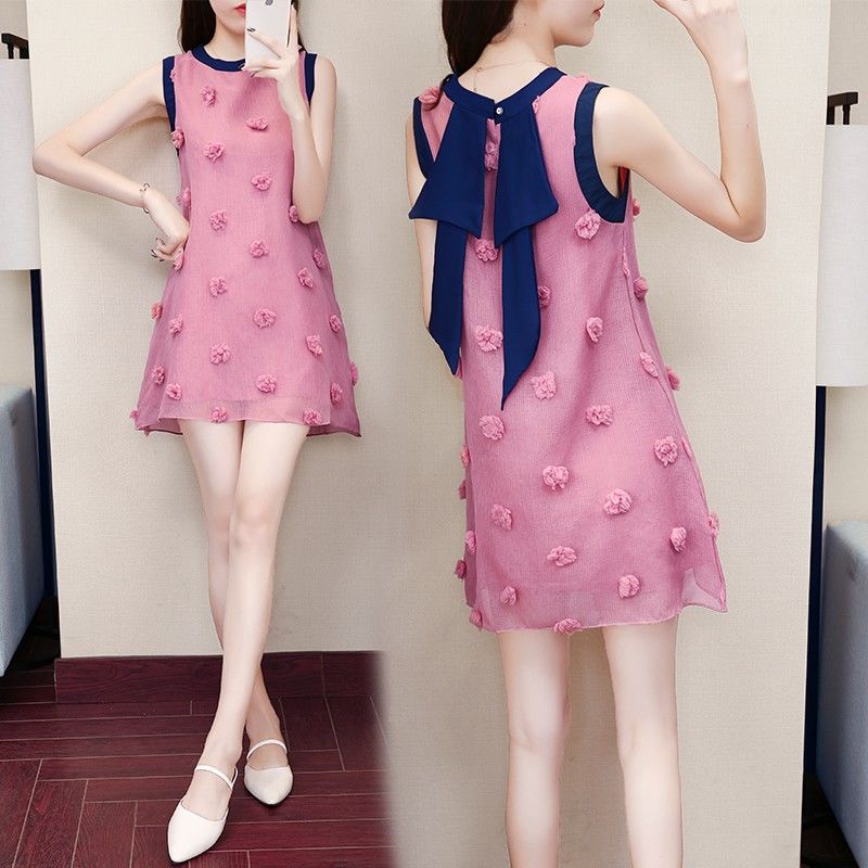 Women's Embroidered Dress Round Neck Sleeveless Dress Summer Sun Dress Above-Knee Dress for Party