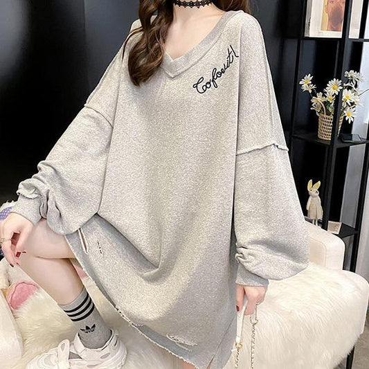 Mid-length Loose Plus Size Sweater Women Long-sleeved V-neck Ripped Tops Spring and Autumn Thin Bottoming Shirt