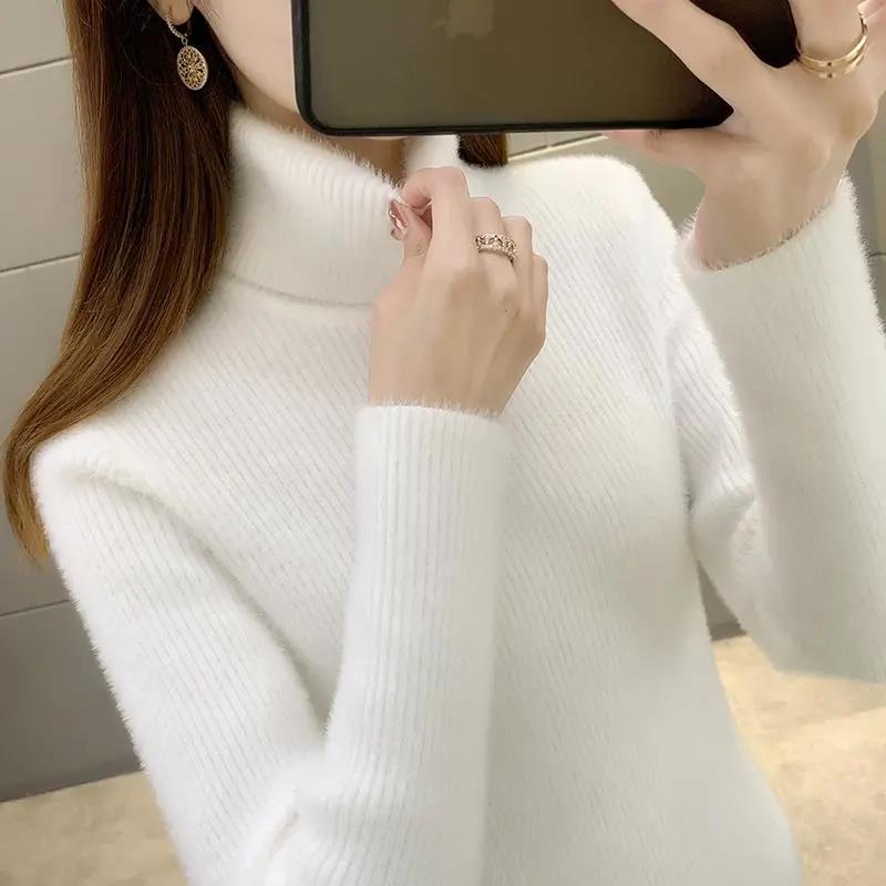 Imitation Mink Fleece Turtleneck Sweater Autumn and Winter Thickening Slim Fit Thin Knitted Sweater Women's Large Size Pullover